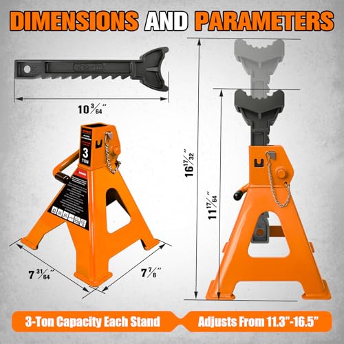 YATOINTO 3 Ton Jack Stands Heavy Duty 6,600 LBS, Car Jack Stand for Trucks with Double Pin Locking & Extra Rubber Pads, 11.3"-16.5" Adjustable for Garage, Home, DIY,1 Pair High Visibility Orange