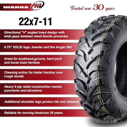 WANDA 2 Sport ATV Mud Tire 22x7-11 6PR for Honda Recon 250 Suzuki Ozark 250 - size: 22X7-11
