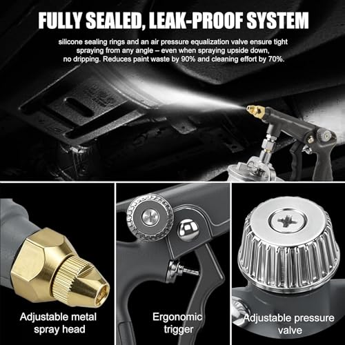 Air Undercoating Spray Gun with Suction Feed Cup & Gauge, 2 Extension Wands 360°Straight Spray Hoses, Fluid Film Spray Gun for Truck Bed Liner Spray Coating, Rubberized Undercoat, Rust Proofing