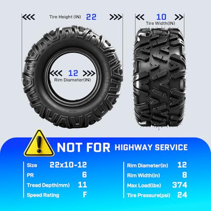 22x10-12 ATV Tires,6PR All-Terrain Tires,Tubeless,Pack of 2 - size: 22x10x12