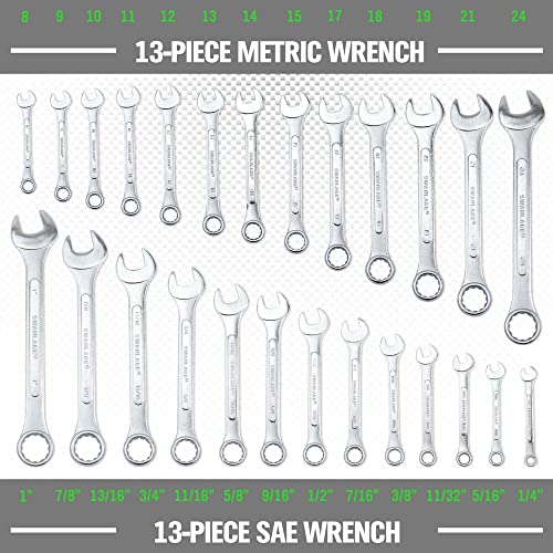 SWANLAKE GARDEN TOOLS 26-Piece Combination Wrench Set with Roll-up Pouch, SAE 1/4” - 1”, Metric 8mm - 24mm, Perfect for General Household, Garage, Auto Repairs and Travel Emergency - color: 26-piece Metric&sae Green