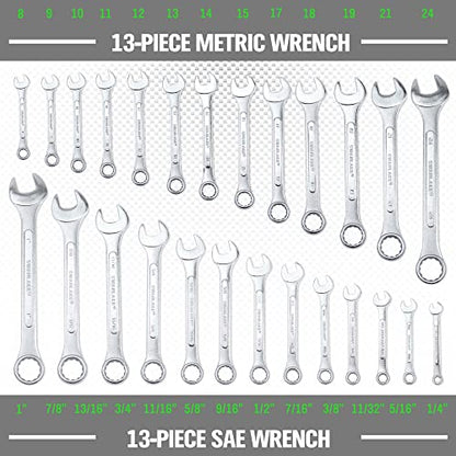 SWANLAKE GARDEN TOOLS 26-Piece Combination Wrench Set with Roll-up Pouch, SAE 1/4” - 1”, Metric 8mm - 24mm, Perfect for General Household, Garage, Auto Repairs and Travel Emergency - color: 26-piece Metric&sae Green