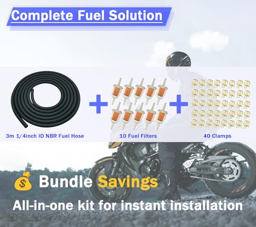 1/4 Fuel Line Hose & Inline Fuel Filter Combo: 40 Clamps for Automotive, Riding Mower, Mini Bike (Fits Kawasaki, Cub Cadet, Edelbrock) - size: 10Ft+10Fuel filter+40Clamps