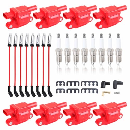 red Set of of 8 Square Ignition Coil Pack Fits for 5.3 V8 2007 2008 2009 2010 2011 Chevy Silverado 1500 Avalanche Tahoe Suburban GMC Yukon Sierra Coils 5.3L UF413 12570616 (UF413 red+748UU+41-962)