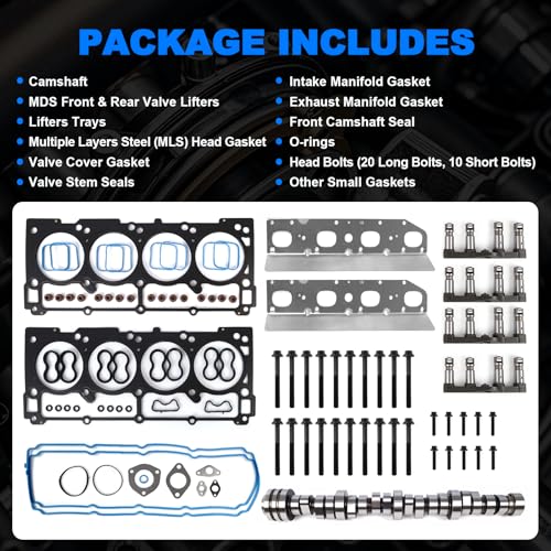 Camshaft and MDS Lifter Kit w/Head Gasket & Bolts Compatible with 2009-2015 Dodge Ram 1500, Durango 5.7L Hemi V8 - Replacement Part# 53022263AF, 53021726AD - color: MDS Kit