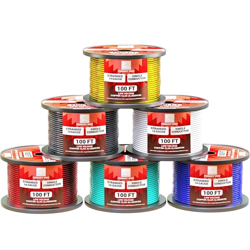 14 Gauge Wire Combo 6 Pack (600ft Total) 100ft Per Roll, 12V Low Voltage Automotive and Electrical Cable, Copper Clad Aluminum (CCA)