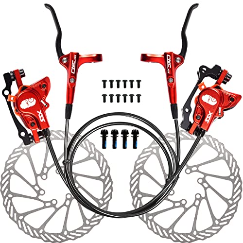 CNC MTB Hydraulic Disc Brake Set，Mountain Bike Hydraulic Disc Brakes Right Front 800mm Left Rear 1450mm Hydraulic Brake，Red - color: Red-Set
