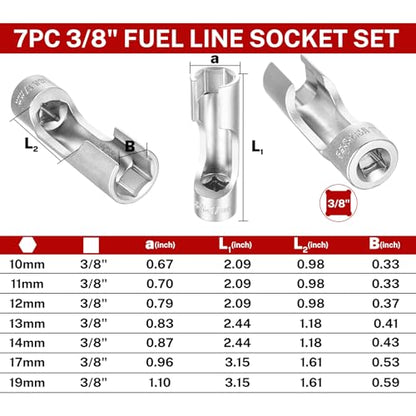 BILITOOLS 7pcs Diesel Injector Fuel Line Socket Set, 3/8" Drive