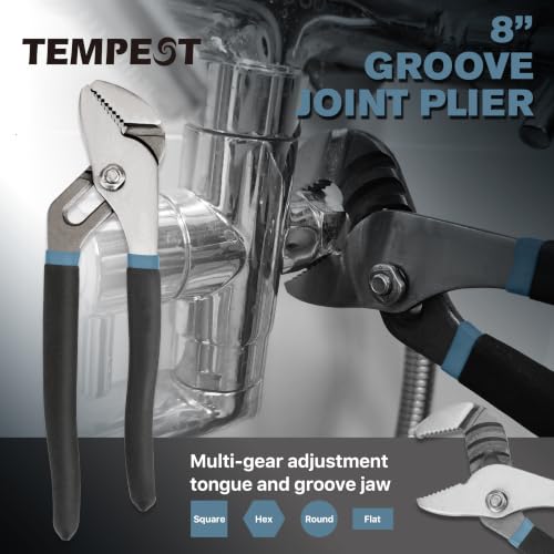 TEMPEST 7-Piece Utility Pliers Set – 8" Groove Joint Plier, 8"/6" Slip Joint, 7" Linesman, 6" Diagonal, 6" & Mini Long Nose, Carbon Steel, Anti-Slip Double-Dipped Handle for Home, DIY, Automotive