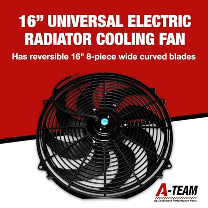 A-Team Performance Radiator Electric Cooling Fan - Electric Radiator Fan Kit for Cars - Reversible Push-Pull Assembly, 3000 CFM - Thermostat & Mounting Kit - 16 in, 12V, 8-Blade