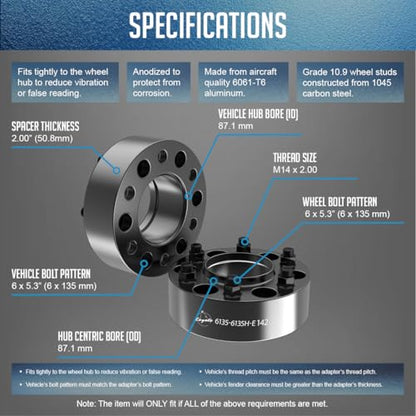 Wheel Accessories Parts 4 Pcs Hub Centric Wheel Spacers 6 on 135mm 6x135mm 2.00 Inch Thick 87.1mm Hub M14X2 14x2 Thread Stud Fits Ford F-150 Expedition ｜ Lincoln Navigator Mark LT - size: 2.00" Thick - 4 Pack, style: 2001-14 F150 Expedition