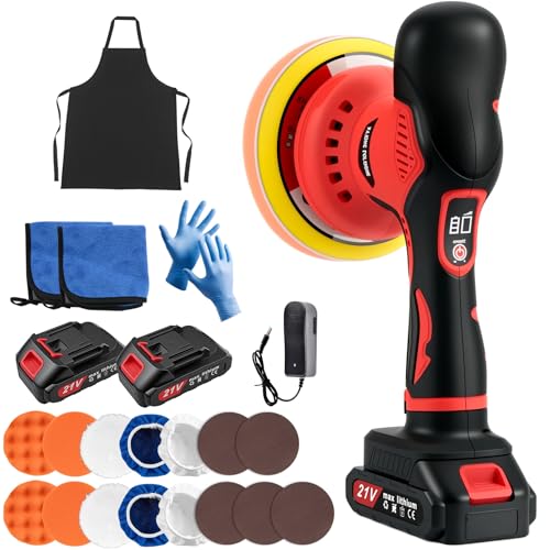 Cordless Car Buffer Polisher, 6 Inch Orbital Polisher Kit with 2x21V Batteries & 21 PCS Attachments - 8 Speeds Variable Max 6000RPM Car Buffer for Car Detailing, Waxing, Polishing, Scratch Removing - color: Red