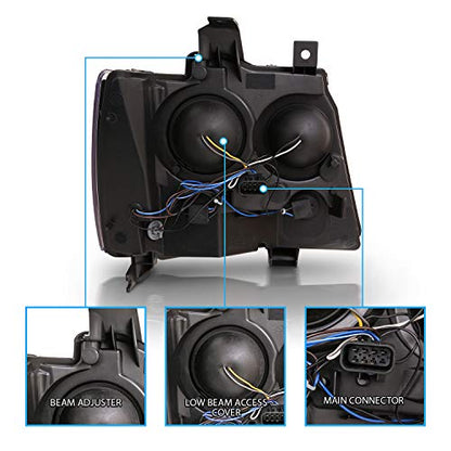 AmeriLite for 2007-2013 Chevy Avalanche/Suburban/Tahoe Switchback LED Tube Turn Siganl Projector Black Replacement Headlights Pair - Passenger and Driver Side - color: Black Projector Switchback LED Bar