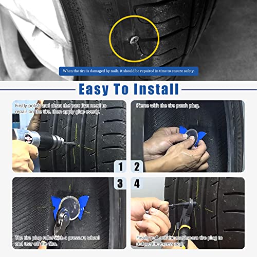 Glarks 26Pcs Tire Repair Patch Tool Kit Including 1Pc Tire Patch Roller, 1Pc Tire Inner Liner Scraper and 24Pcs 4mm/6mm/9mm Tire Repair Patch Plug for Car, Motorcycle, Electric Vehicle Repairing