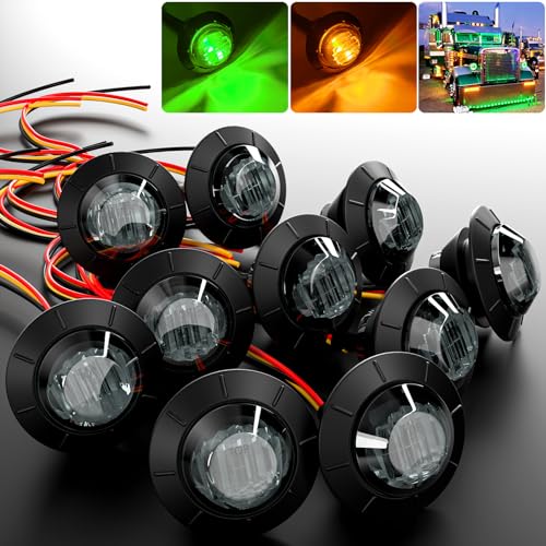 BJZ 3/4" Round Trailer Marker LED Lights Amber to Green Dual Color Side Clearance Tail Bullet Light 12V 4LED Indicator Light w/Smoked Lens for Trailer Truck Van RV ATV Bus, 10Pcs - color: Amber-Green (Smoked Lens)