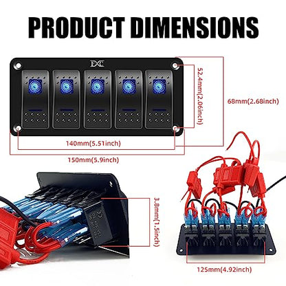 FXC Pre-Wired 5 Gang Rocker Switch Aluminum Panel with 40A Inline Fuse, Waterproof 6-Pin On-Off Car Boat Switch, Blue LED Switch Panel for Marine Boat Automotive RV Truck ATV Vehicles 12V/24V - style: 5 Gang