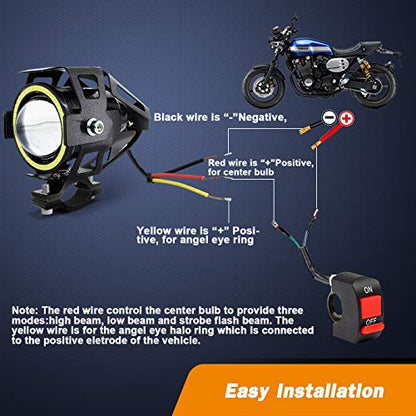 Motorcycle LED Fog Lights U7 Spotlight Daytime Running Lights with White Angel Eyes Halo Ring and Switch 2-Sets - color: white