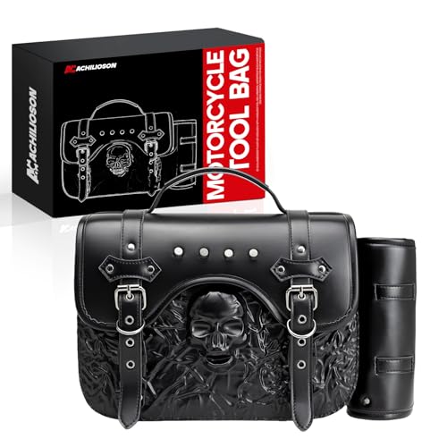14L Motorcycle Tool Bag 3D Skull Embossed PU Leather Saddlebag with Handlebar Roll Bag, Universal Waterproof Black Motorcycle Side Bags Storage Pouch for Most Motorcycles - style: Skull Pattern Bag Featuring Side Roll-up Pocket