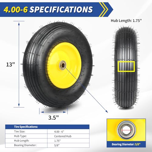 4.00-6 Rubber Pneumatic tire and wheel, for Wheelbarrow Wagon Cart Trolley - color: Yellow