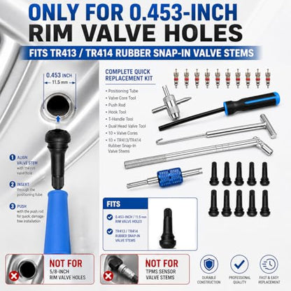 Valve Stem and Core Removal Replacement Tool Kit,Valve Stem Installation Tool Without Removing Tire,Snap Fix Mate Valve Stem with 5 TR413/TR414 for Cars Motorcycles Lawn Mowers ATVs