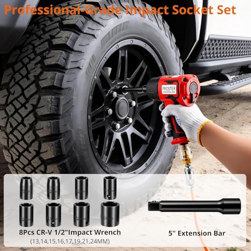 Proster 1/2" Air Impact Wrench High Torque 1600ft-lb 8pc Socket Kit 4.4lb - size: 1/2 Inch