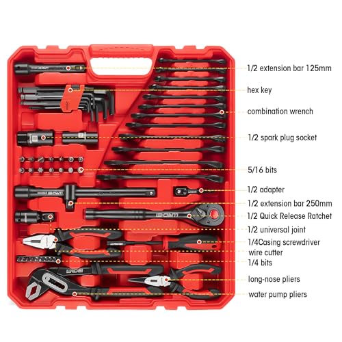 LLNDEI 112Pcs Mechanics Tool Set, 1/2" Drive Ratchet Wrench Tool Set - size: 1/2" 112pcs SAE & Metric 6/12 Point