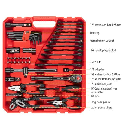 LLNDEI 112Pcs Mechanics Tool Set, 1/2" Drive Ratchet Wrench Tool Set - size: 1/2" 112pcs SAE & Metric 6/12 Point
