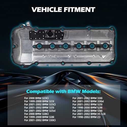11121432928 Aluminum Valve Cover Kit with Gasket & Bolts - Compatible with 1999-2002 BMW 323i/325i/328i/330i/525i/528i/530i/Z3/X5 M52 M54 2.5L 2.8L 3.0L - color: 11121432928 Aluminum Valve Cover Kit