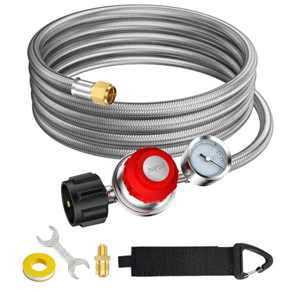 12FT 0-30 PSI Adjustable High Pressure Propane Regulator with Gauge,Stainless Propane Regulator with Hose QCC1 with 3/8 Flare x 1/8 MNPT Fits for Turkey Fryer,Propane Burner,Fire Pit, Forge - size: 12FT