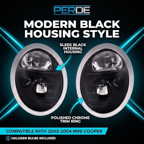 PERDE Compatible with Mini Cooper Black Headlight Set Halogen Left Driver Right Passenger Pair