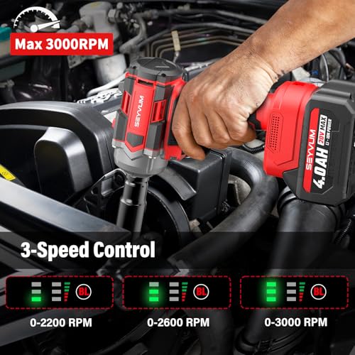 SEYVUM Cordless Impact Wrench, 1/2” Max Torque 440 Ft-lbs / 600 N.m Power Impact Gun, 20V 3000RPM Electric Impact Driver, 2 x 4.0Ah Battery, 4 Impact Sockets, Carry Bag Included - style: 600 N.m