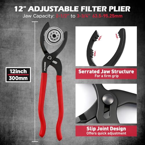 10-Piece Oil Filter Wrench Set 2-3/8"to 4-3/4", 12-Inch Adjustable Oil Filter Plier, Universal 3-Jaw Oil Filter Wrench, 1/2"Quick Release Ratchet Handle, 1/2"-3/8" Adapter, Towel in Storage Case - style: New Version
