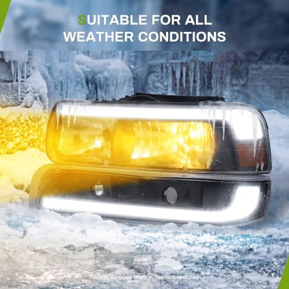 AUTOSAVER88 LED Headlight Assembly Compatible with 99-02 Chevy Silverado - color: Black Amber