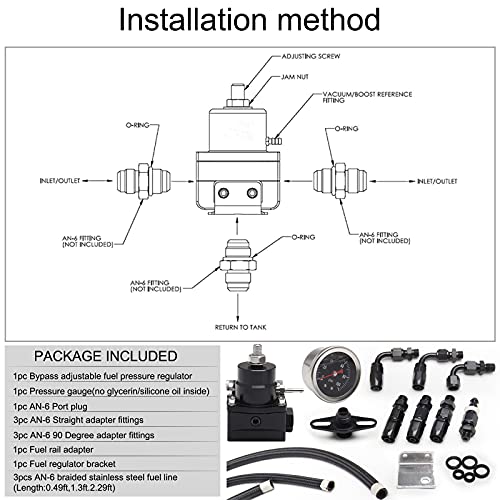 EFI Fuel Pressure Regulator Kit with 0-100psi Pressure Gauge AN6-6AN Aluminum Adjustable Universal Fuel Line Hose Fitting Connectors Kit Black HTRACING - color: Black