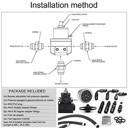 EFI Fuel Pressure Regulator Kit with 0-100psi Pressure Gauge AN6-6AN Aluminum Adjustable Universal Fuel Line Hose Fitting Connectors Kit Black HTRACING - color: Black