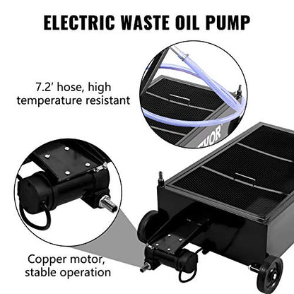 VEVOR Low Profile Oil Drain Pan, 25 Gal Oil Drain Pan with 110V High-Flow Electric Pump, Large Capacity Oil Change Pan with 7.2ft Hose & Folding Handle, Rolling Oil Drain Cart for Trucks, Buses, RVs