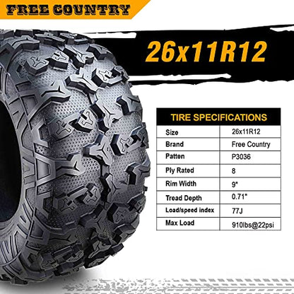 Free Country (2) Premium ATV/UTV Tires 26x11R12 8PR Radial Side Scuff Guard - size: 26X11R12