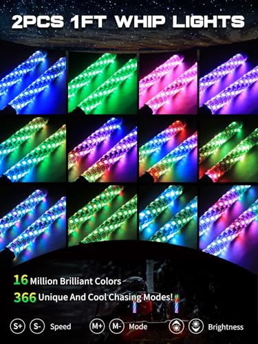 2 Pack 1FT Whip Lights with Spring Base, LED Whip Light with App & Remote Control, Spiral RGB Chasing Lighted Whips with Rocker Switch, Music Whip Light for UTV ATV - size: 1FT