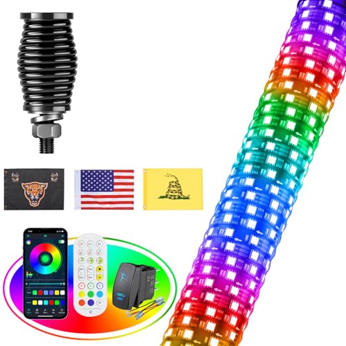 Ehaho 1 Pack 4FT Fat Whip Lights, LED Whip Lights with App & Remote Control, Spiral RGB Chasing Lighted Antenna Whips with Rocker Switch, Music Whip Light for SXS UTV ATV RZR Off-Road - size: 4FT-1PC