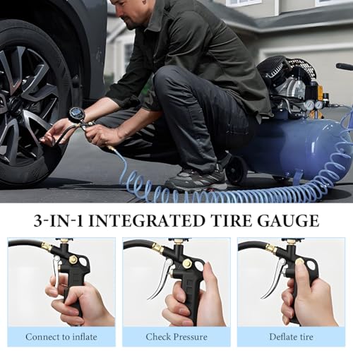 Digital Tire Pressure Gauge with Inflator, 250 PSI Tire Gauge with 360° Air Chuck Air Compressor Accessories, Heavy Duty Inflator Gauges with Quick Connect Coupler & Extended Hose