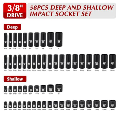 EMENTOL 109-Piece 3/8" Drive Socket Set, SAE (5/16"-15/16") & Metric (6mm-24mm), Deep & Shallow, with Ratchet Wrench, Extension Bars, Spark Plug Sockets, Universal Joint, Power Drill Adapter, Bits - size: 3/8" 109pcs