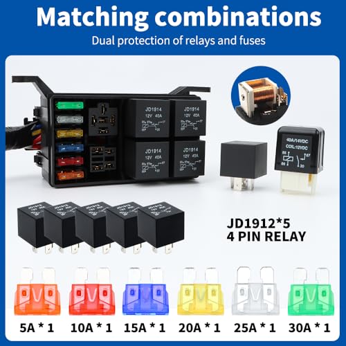 Generic 6-Way Fuse Box with 5 Five-Pin SPDT & 1 Four-Pin SPST Relays - size: Generic 6-Way Fuse Box