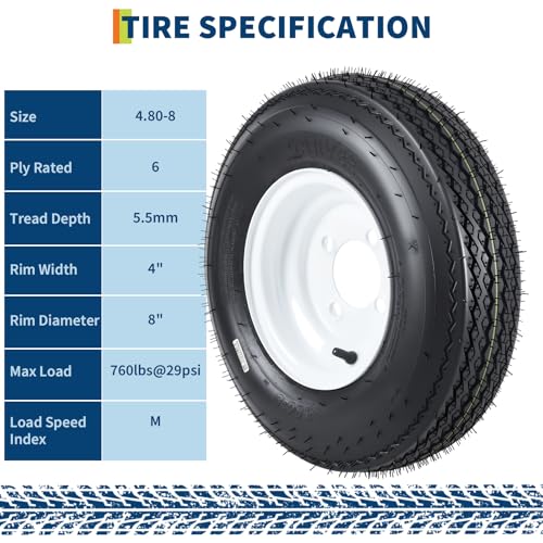 Reliable All-Weather Trailer Tires & Wheels Set - 4.80-8, Load Range C, 6PR, 4 Lug White Modular Rims - Utility, Boat, Camper Trailers - PCD 101.6 * 4, Center Bore 72mm, ET=0 - size: 4.80-8 4 lug