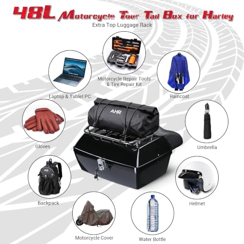 Yescom 48L Universal Motorcycle Tail Box Top Case Luggage with Top Rack & - size: 48L for Harley
