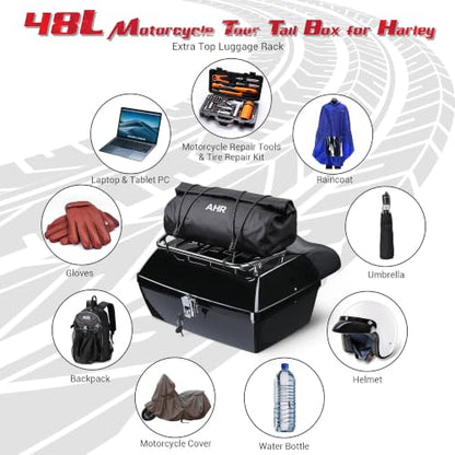Yescom 48L Universal Motorcycle Tail Box Top Case Luggage with Top Rack & - size: 48L for Harley
