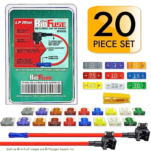 12 AWG Low Profile Mini ATT 20 Piece Automotive Car Fuse Assortment and Holders Set (2 Add-a-Circuit Tap Adapters, 18 LP-Mini Blade Fuses + Fuse Puller) 2A 3A 5A 7.5A 10A 15A 20A 25A 30A