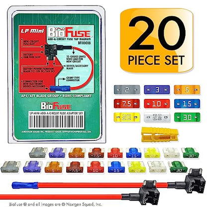 12 AWG Low Profile Mini ATT 20 Piece Automotive Car Fuse Assortment and Holders Set (2 Add-a-Circuit Tap Adapters, 18 LP-Mini Blade Fuses + Fuse Puller) 2A 3A 5A 7.5A 10A 15A 20A 25A 30A