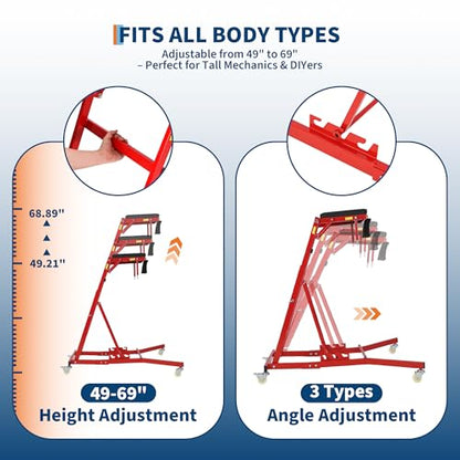 Adjustable Automotive Creeper - Heavy Duty 400LB Capacity Mechanic's Creeper with Locking Wheels & Tool Pouch (49"-69" Length) for Truck, SUV & Garage Vehicle Maintenance - color: Red