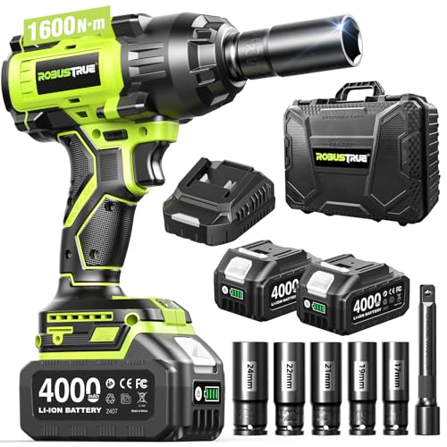 Robustrue 1600N.m (1180ft-lbs) Cordless Impact Wrench, 1/2 High Torque Brushless Impact Gun, 2400RPM Power, 2 x 4.0Ah Batteries, Fast Charger, Impact Wrench for Heavy Duty Truck RV Mower - size: 1600N.m