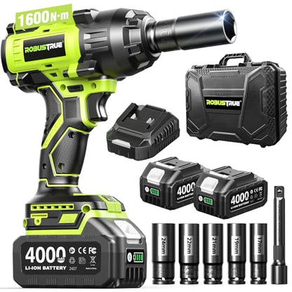 Robustrue 1600N.m (1180ft-lbs) Cordless Impact Wrench, 1/2 High Torque Brushless Impact Gun, 2400RPM Power, 2 x 4.0Ah Batteries, Fast Charger, Impact Wrench for Heavy Duty Truck RV Mower - size: 1600N.m